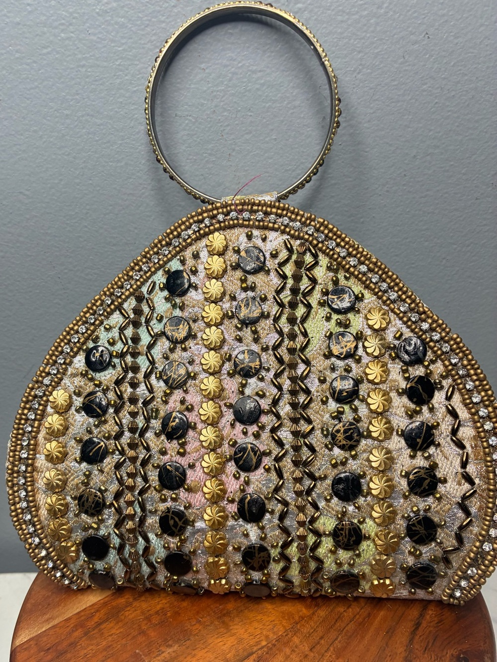 Beaded Indian Evening Bag Bangle Handle Brocade Rhinestone Embellished Purse